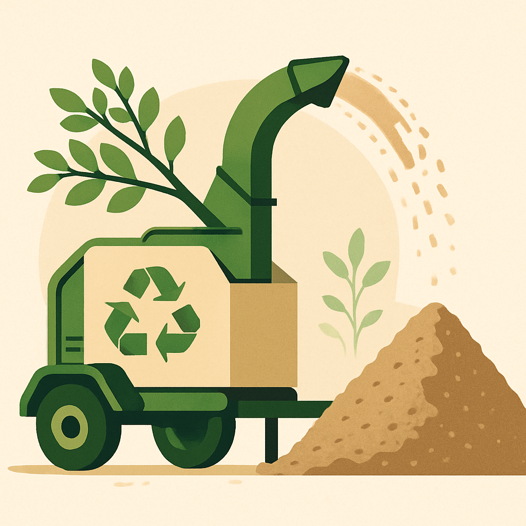 Wood chipper with leafy branches, chips forming mulch, green and beige hues, clean eco-centric style
