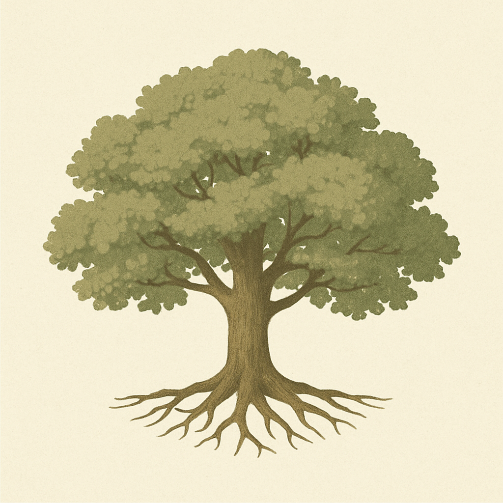 Mature oak tree with wide canopy, roots visible, earth tones, nature-inspired minimalist graphic