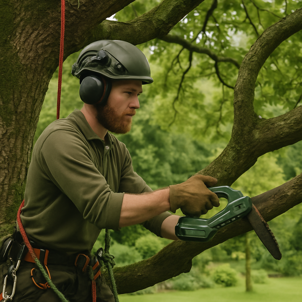 Professional arborist pruning a mature oak tree in a lush Oxfordshire garden, eco-friendly tools in use, nature-inspired, soft daylight, earthy green and brown tones, clean documentary photography style