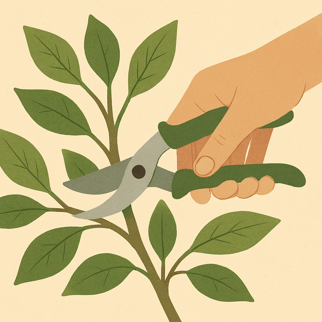 Hand gently pruning a leafy branch, green and brown palette, natural and clean, flat illustration style
