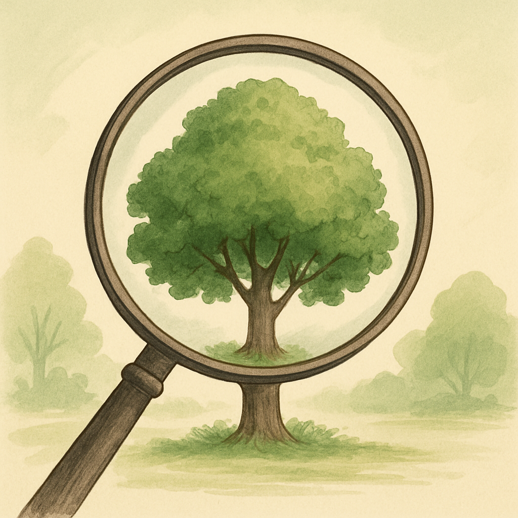 Magnifying glass over a healthy green tree, soft natural illustration, eco-friendly tones, minimalist