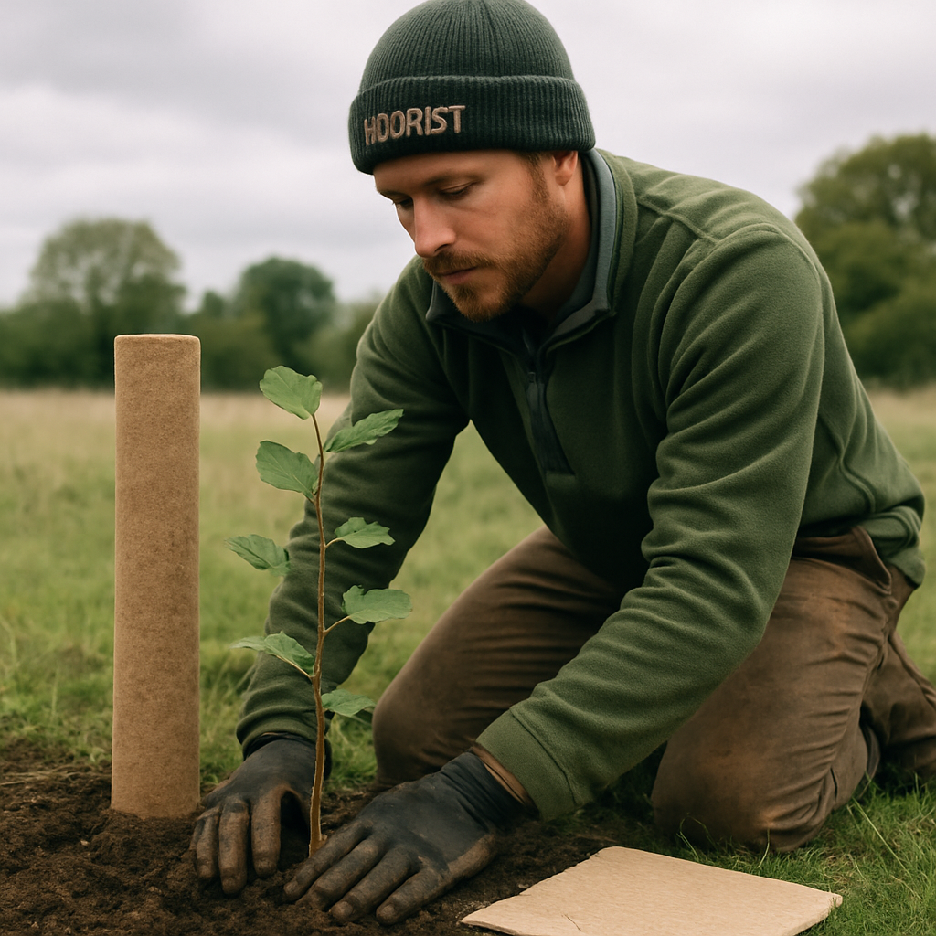 Local arborist planting a young native sapling in Oxfordshire, biodegradable materials visible, soft green and brown hues, overcast but bright lighting, eco-focused, documentary photography