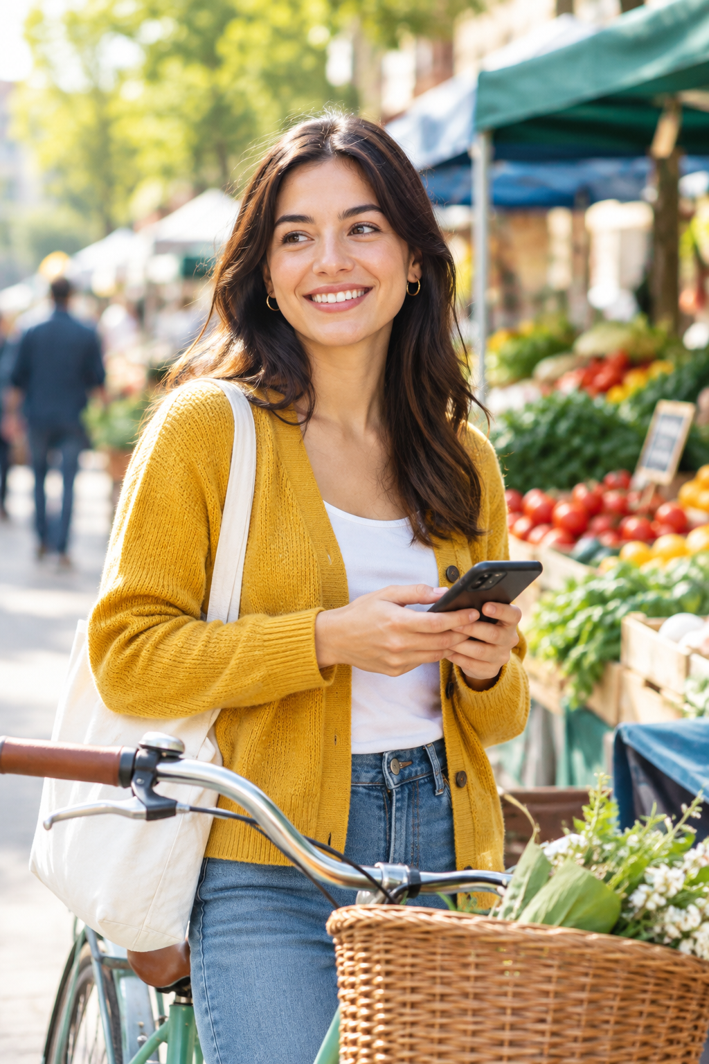 Friendly seller standing at a neighborhood market with a phone in hand
