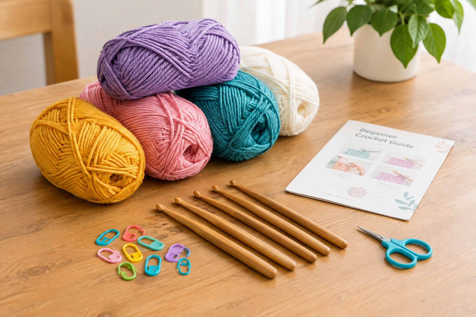 Beginner crochet kit with colorful yarn bundles and wooden hooks on a table