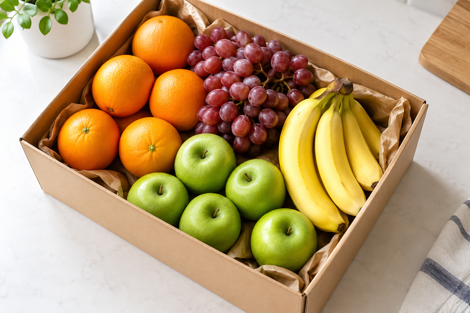 Colorful fruit gift box with oranges, apples, and grapes on a kitchen counter