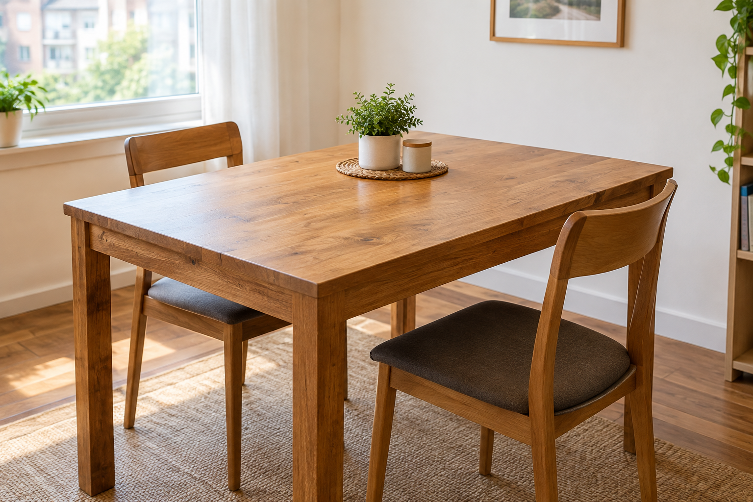 Handmade wooden dining table in a bright apartment with simple chairs