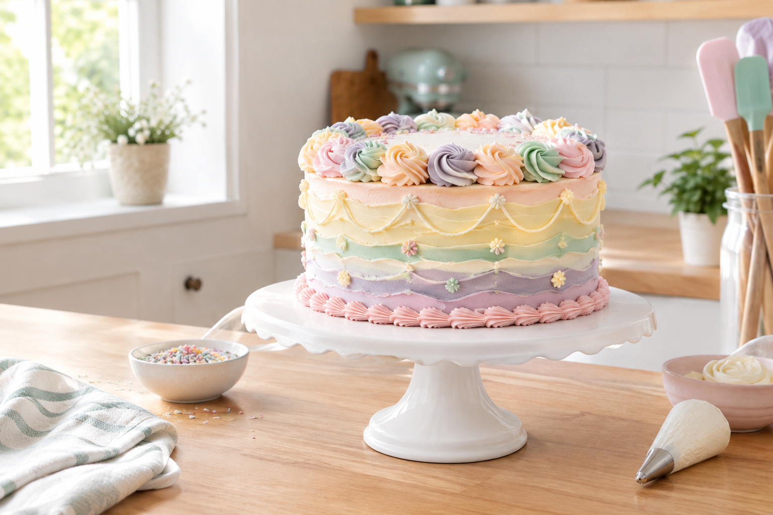 Decorated pastel birthday cake with piped icing in a bright kitchen studio
