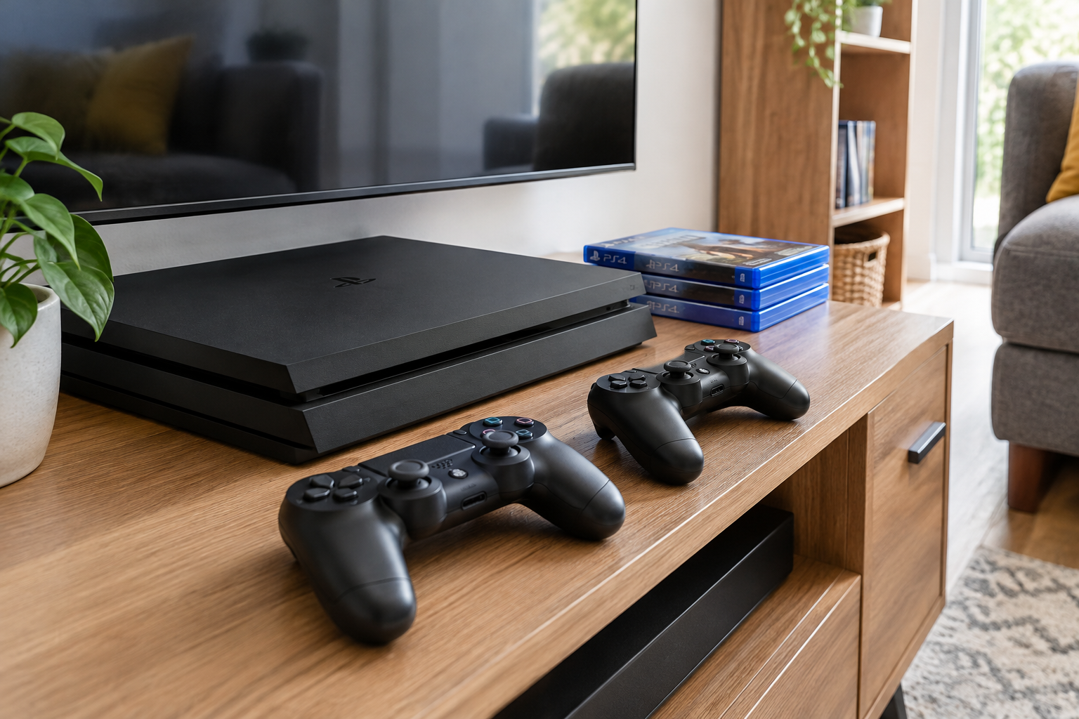 Modern black gaming console with two controllers on a low media shelf