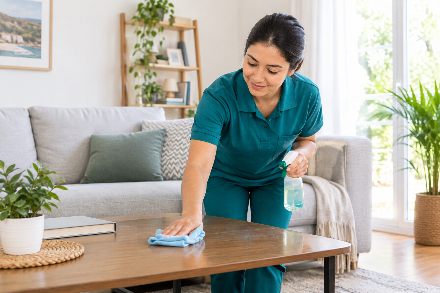 Cleaner in uniform tidying a bright living room with eco-friendly spray bottle