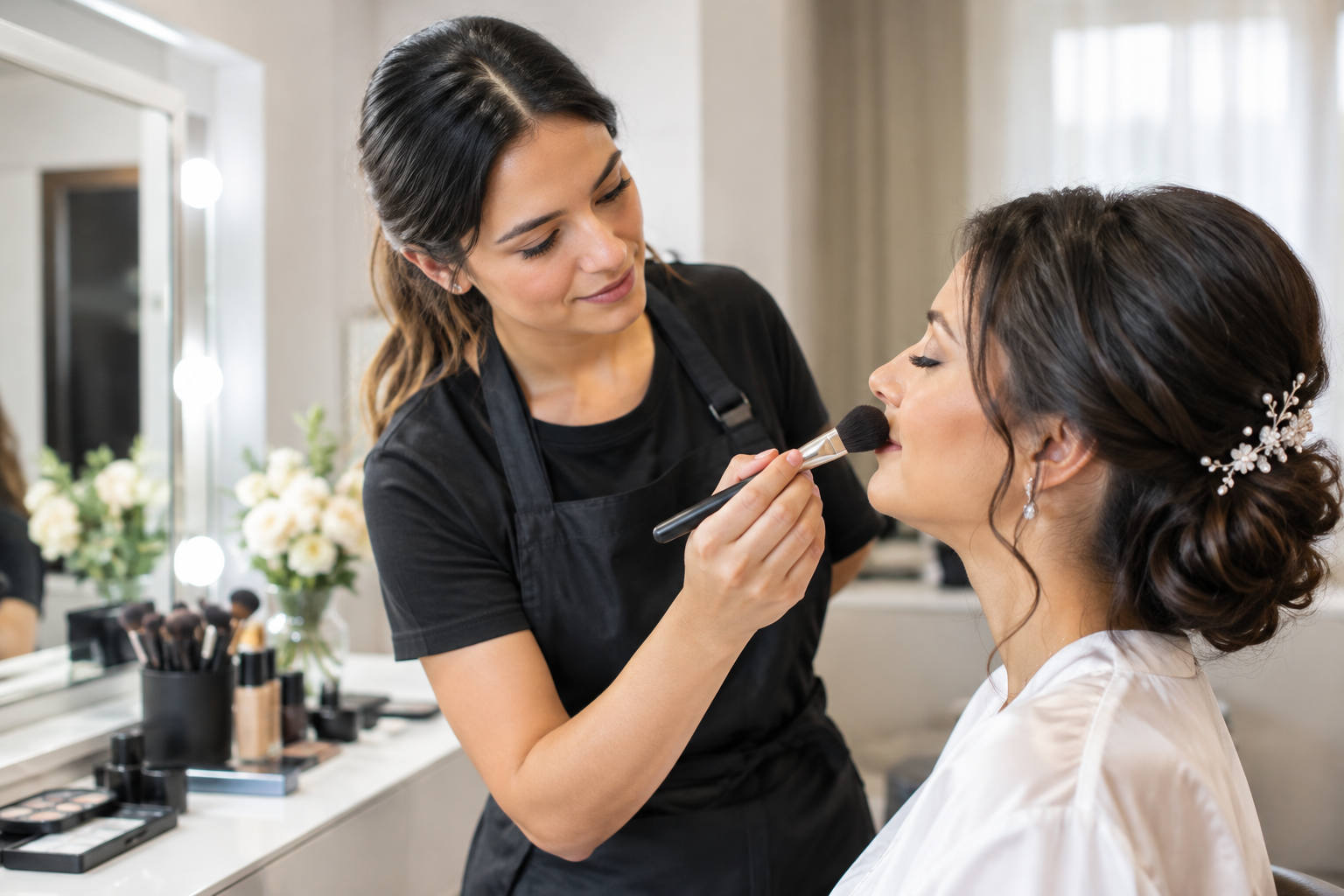 Professional makeup artist applying bridal makeup with soft studio lighting
