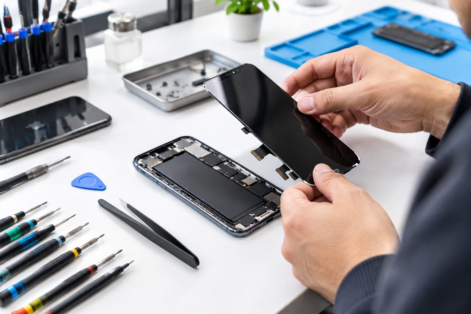Phone repair service listing with tools on a desk