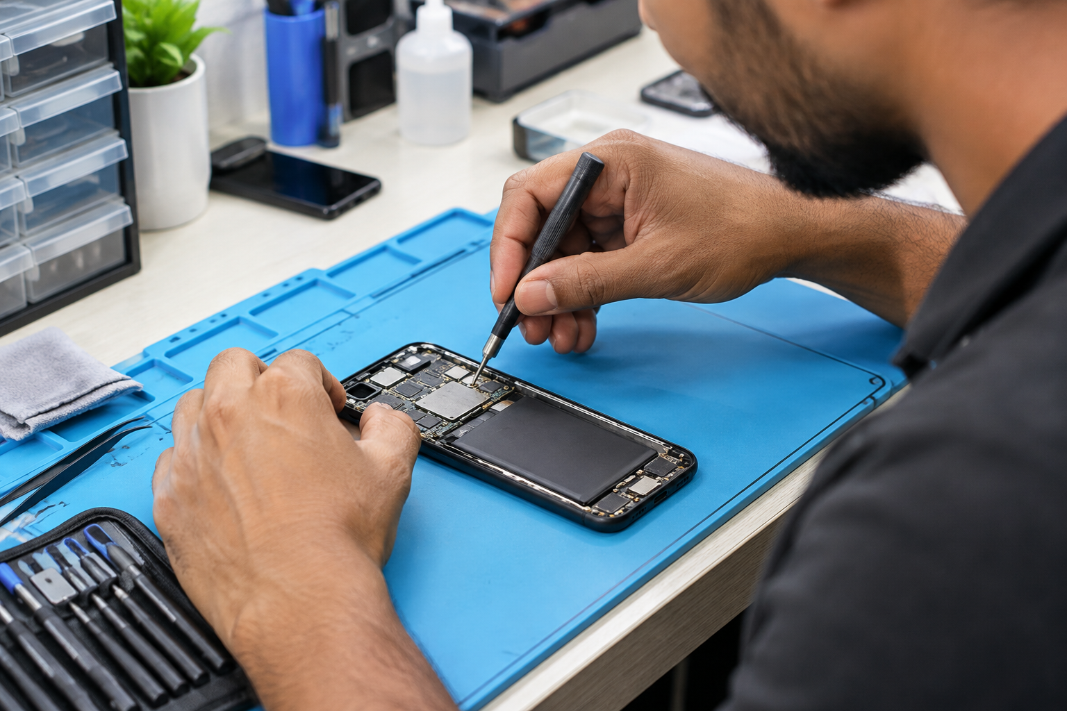 Technician repairing a smartphone motherboard at a compact workbench