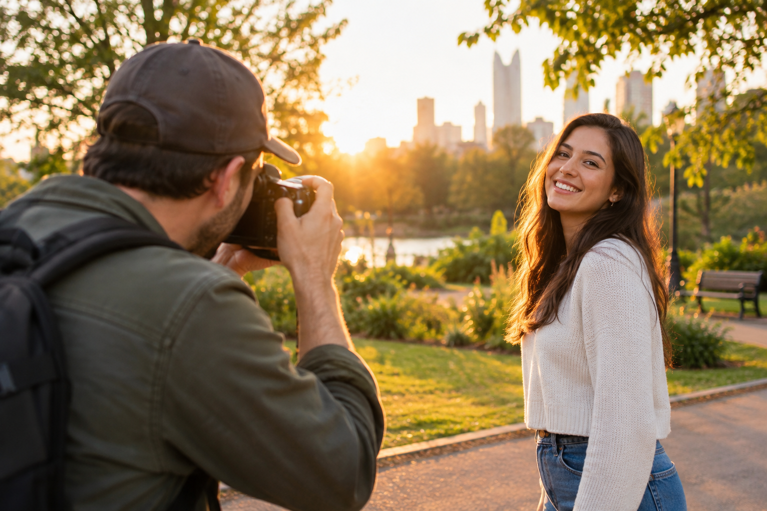 Lifestyle photographer taking outdoor portraits during golden hour in a city park