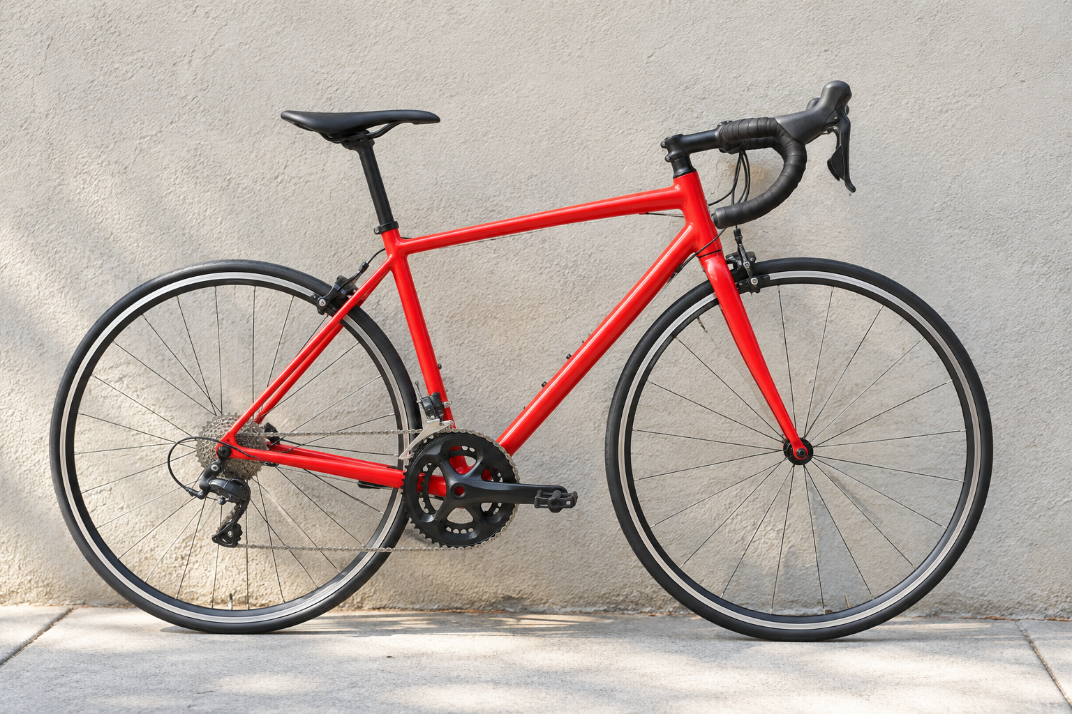 Red road bicycle with drop handlebars parked beside a neutral wall
