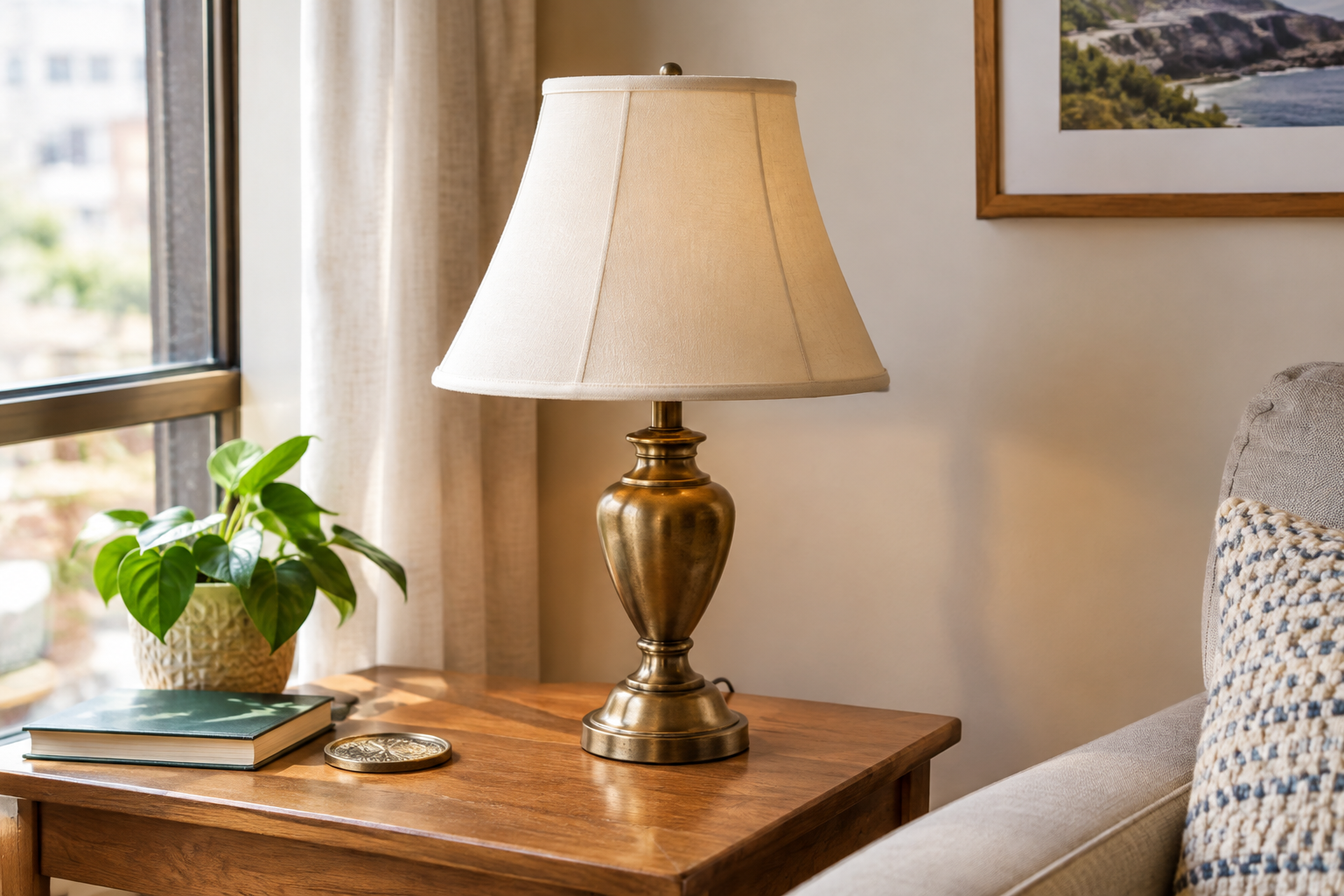 Vintage brass table lamp with a cream fabric shade on a wooden side table