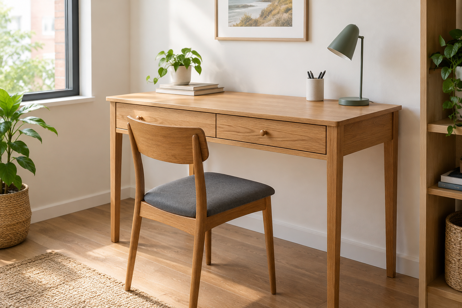 Compact oak writing desk with two drawers staged in a clean apartment corner