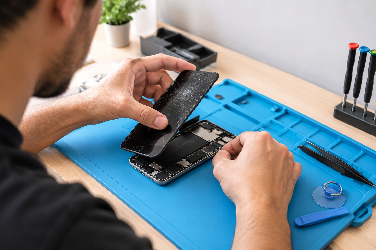 Technician repairing a smartphone screen on a small portable work mat