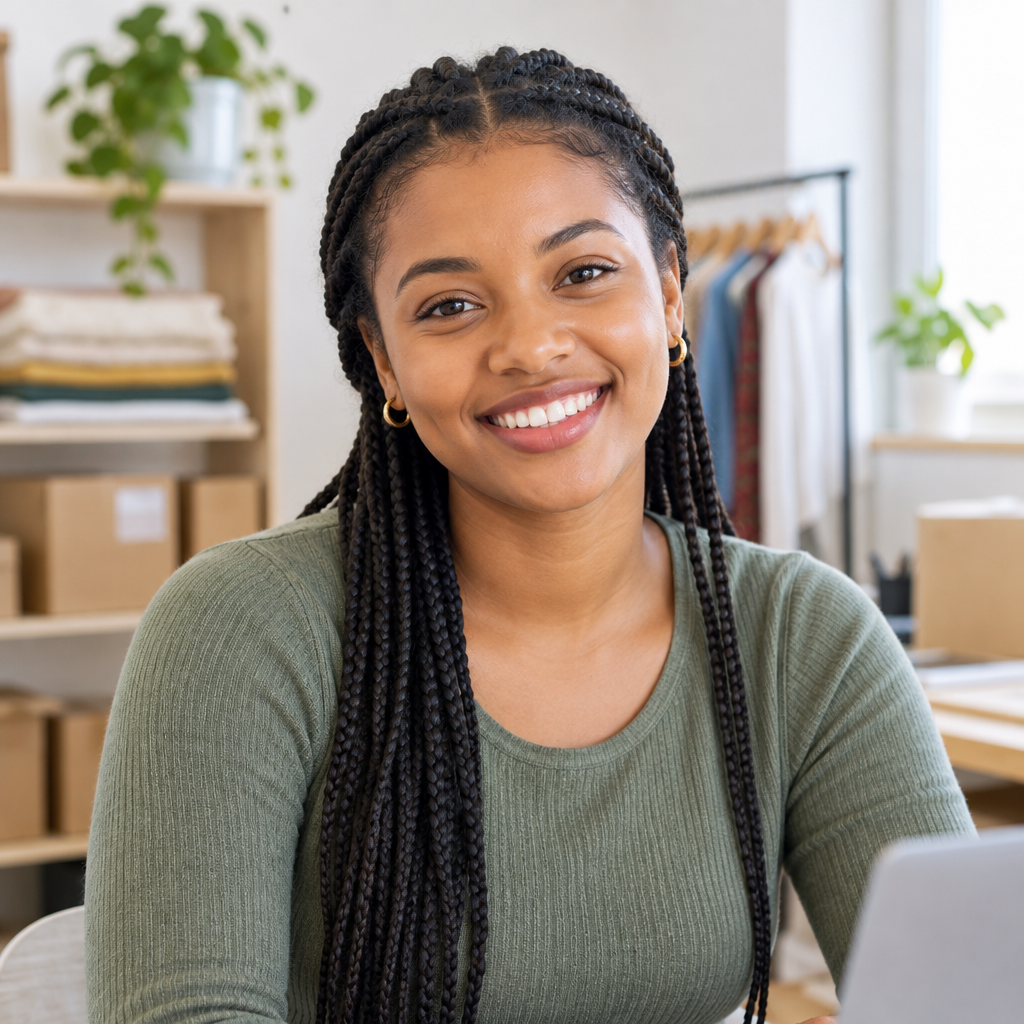 Smiling woman seller portrait with braided hair