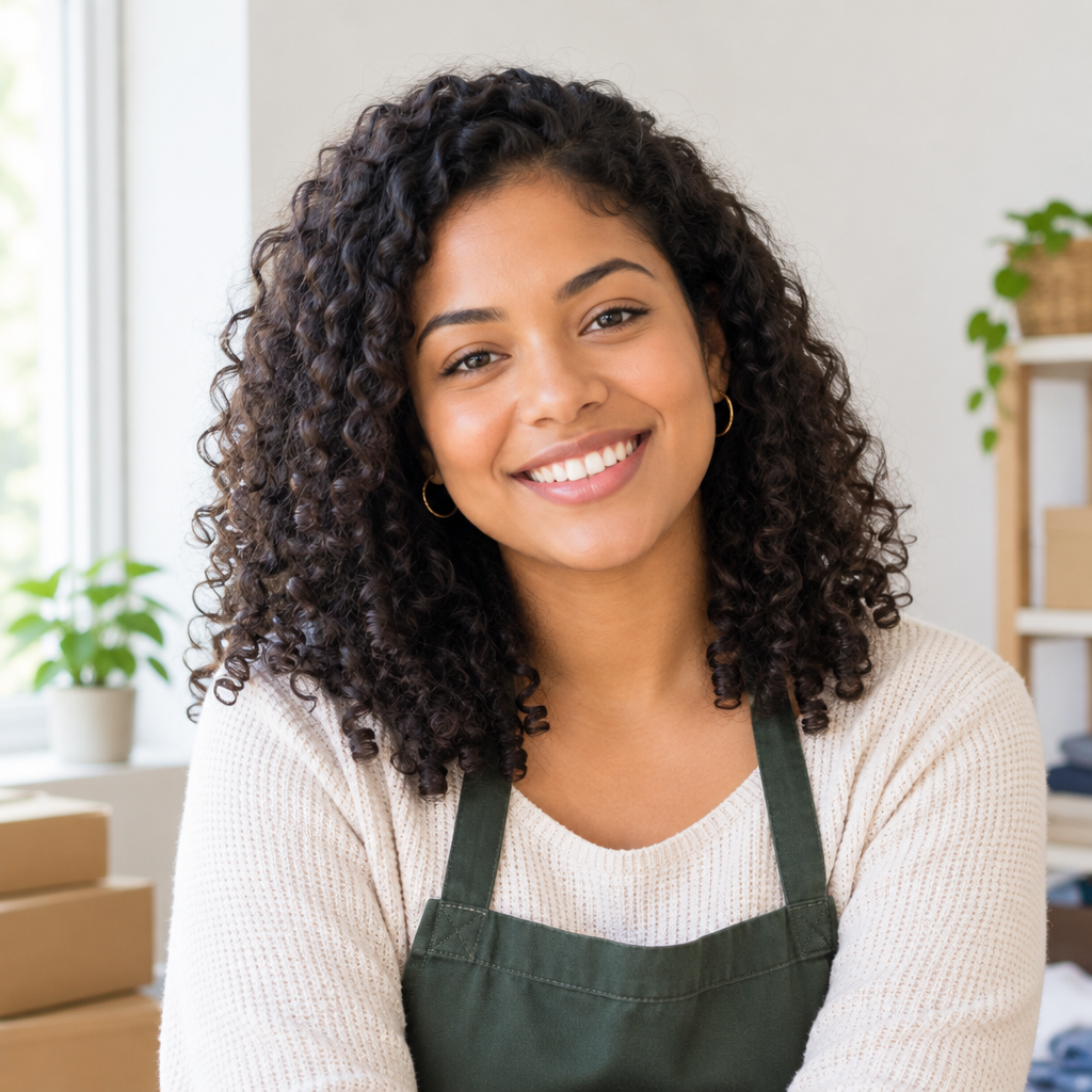 Friendly small-business seller smiling in a casual portrait with natural lighting