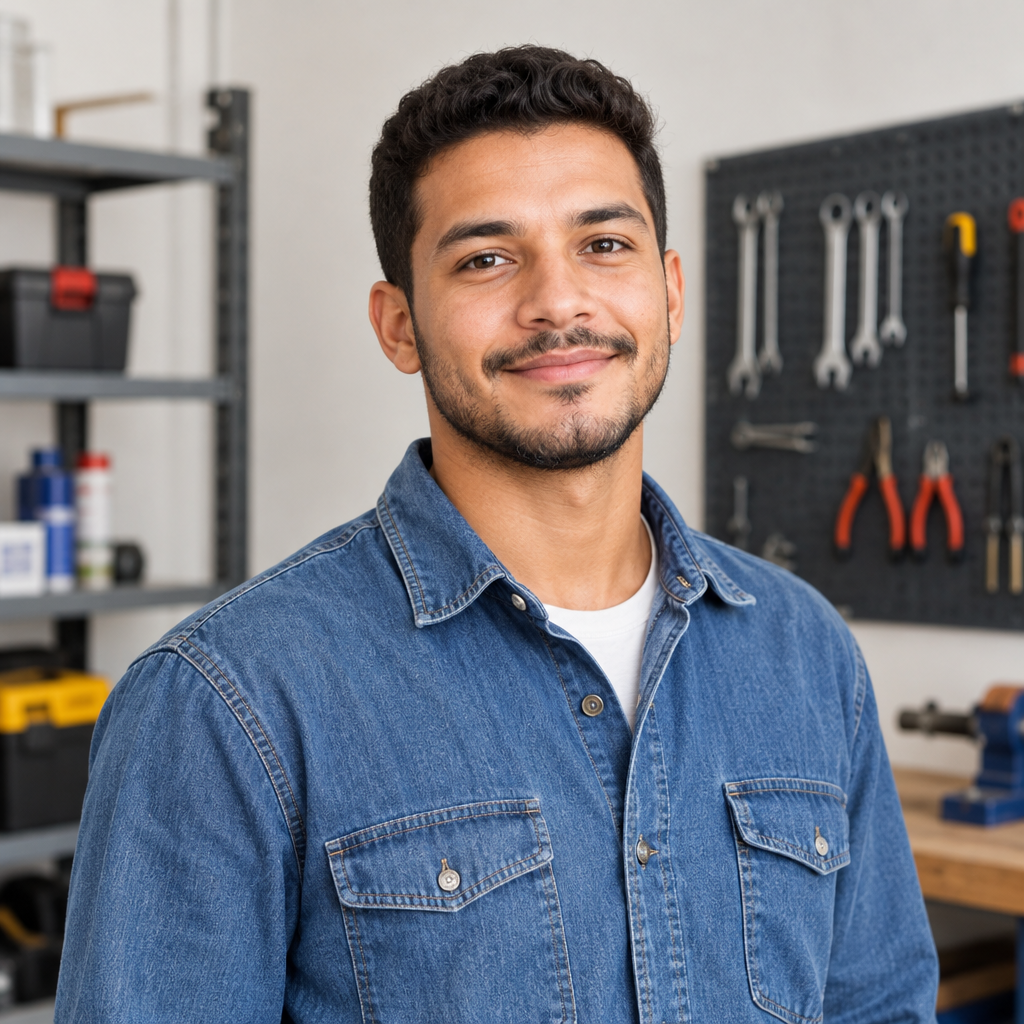 Friendly male service provider portrait wearing a denim shirt