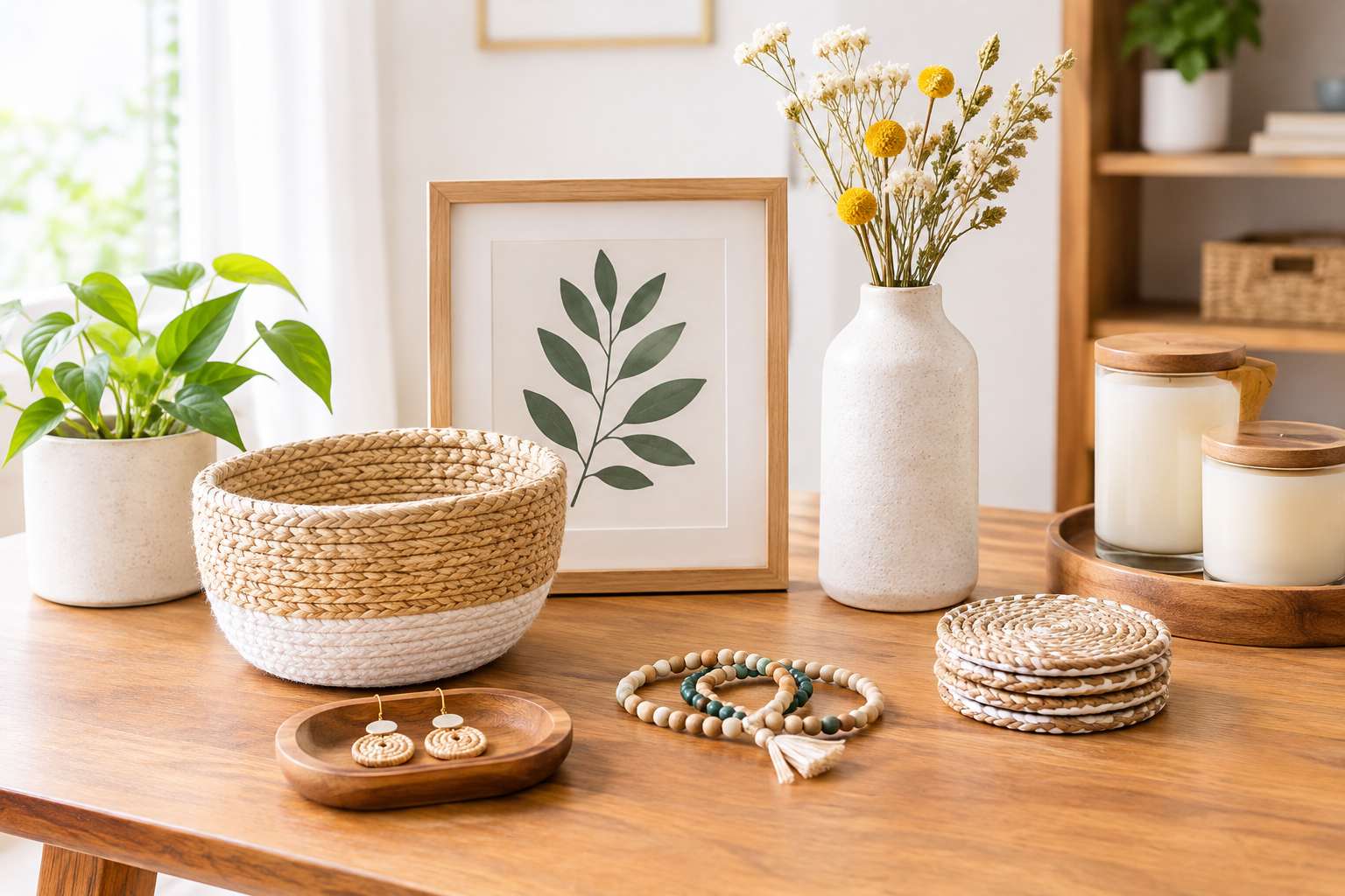 Bright home studio listing setup with handmade accessories neatly displayed on a wooden table