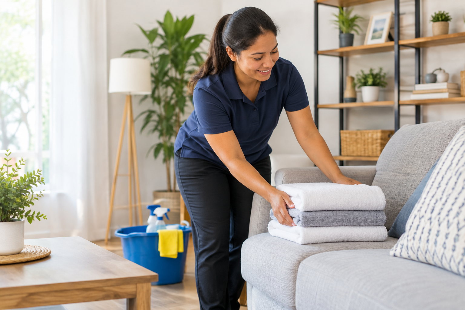 Local cleaner arranging fresh towels in a tidy living room