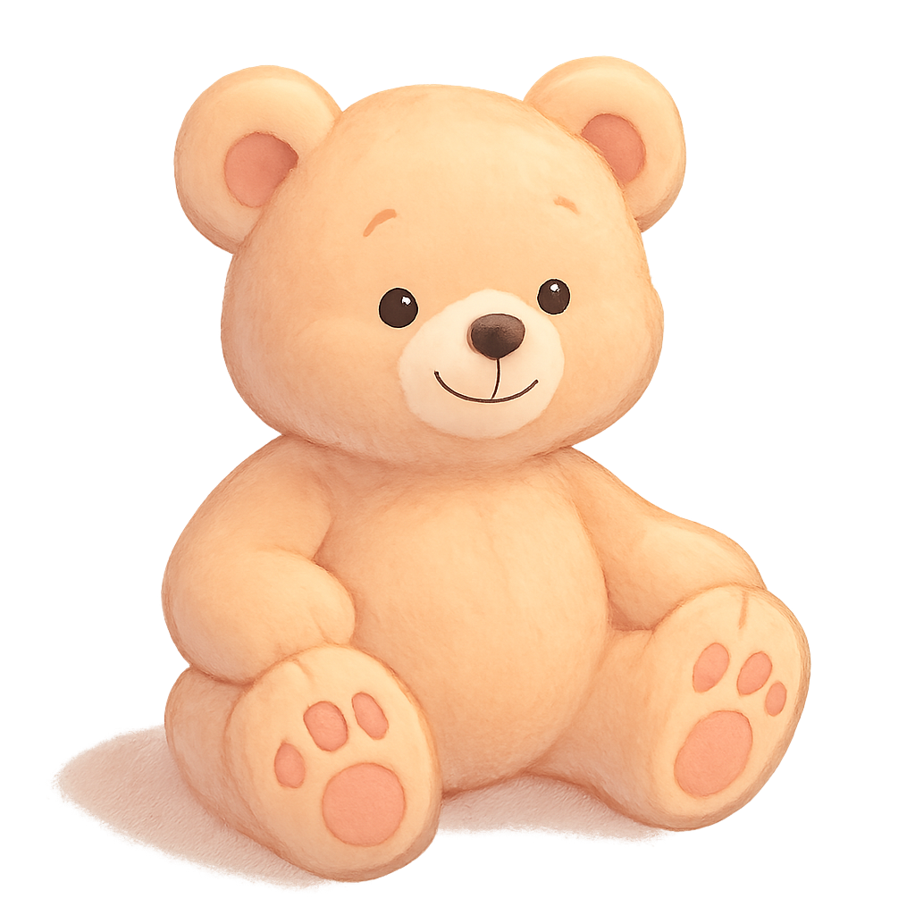 A large, cute, smiling plush teddy bear sitting playfully, rendered in soft pastel colors, friendly and child-appealing