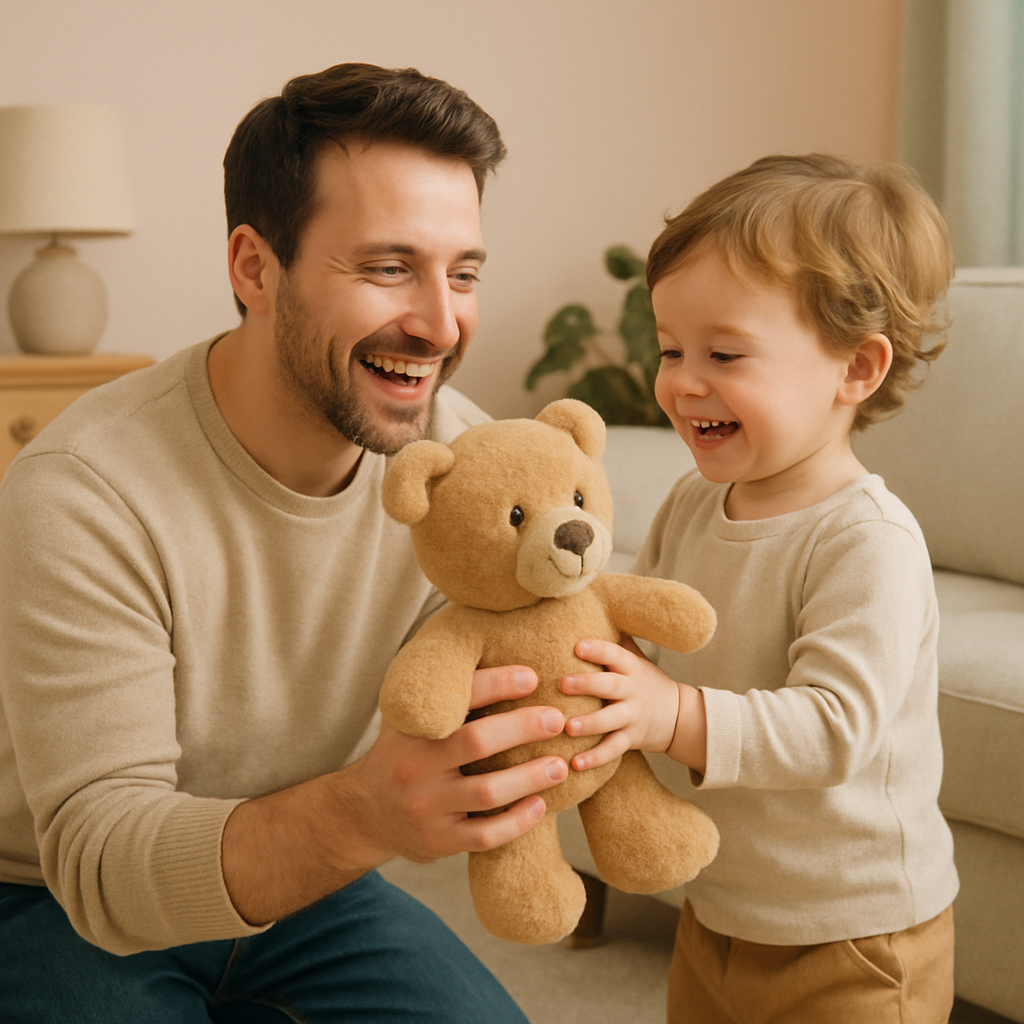 Smiling dad giving plush toy as gift to child