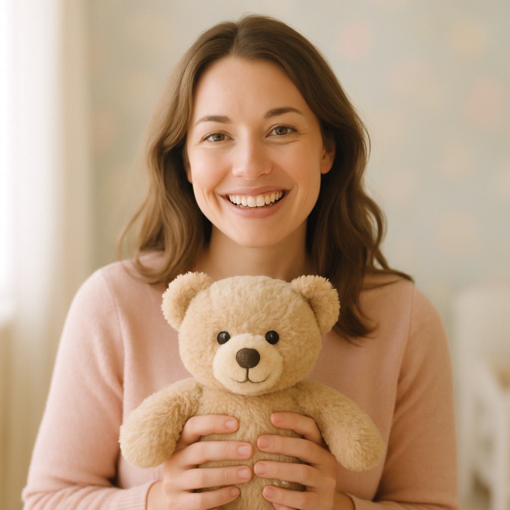 Smiling mother holding a plush bear