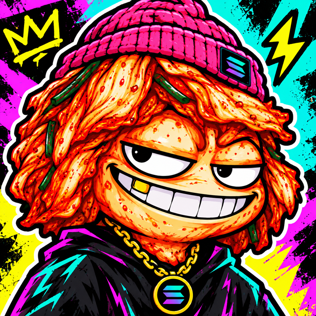 Cartoon meme avatar of a wild kimchi creature with sharp grin, red-orange fermented cabbage hair, and punk sticker style