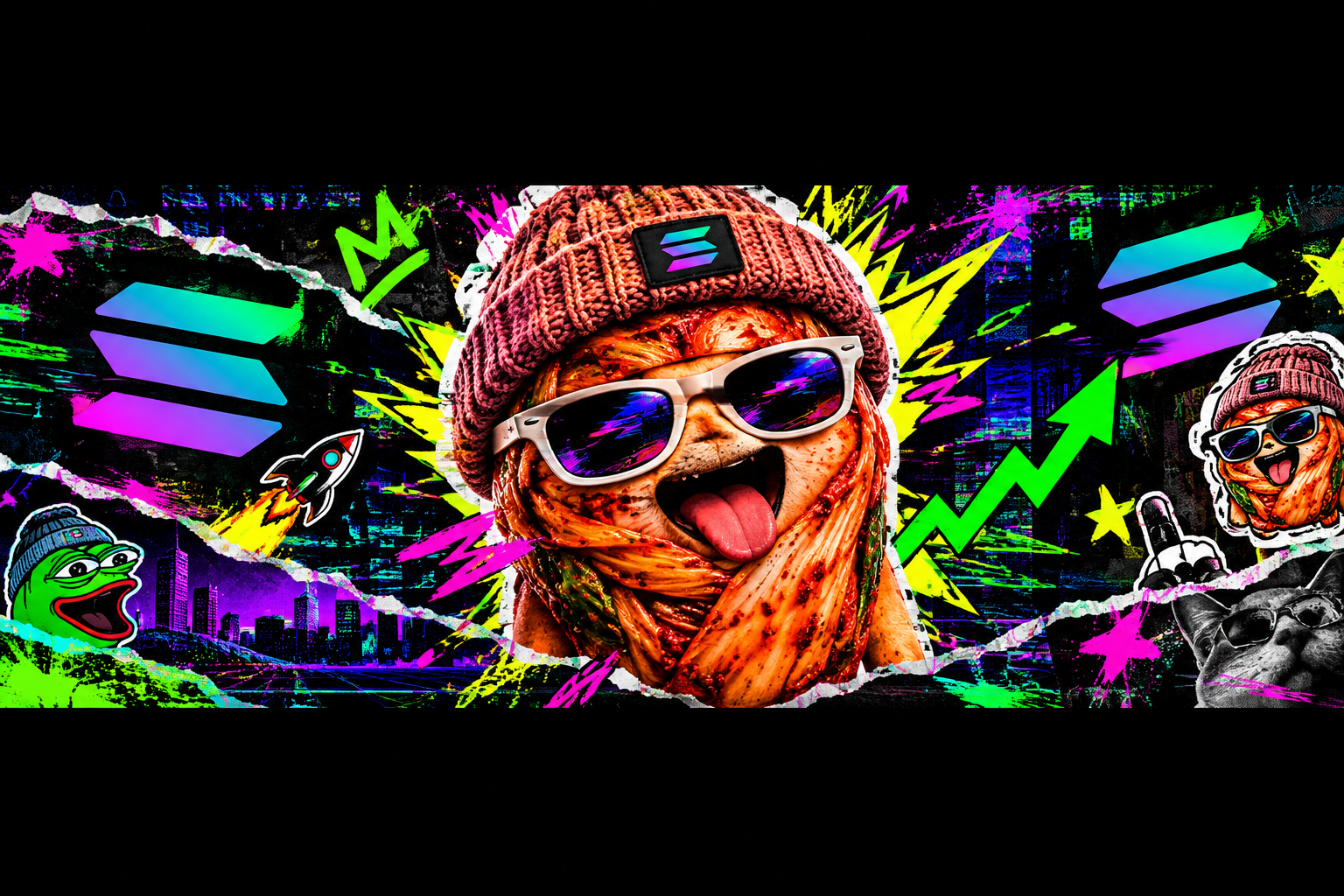 Wide horizontal neon kimchi meme banner with chaotic stickers, Solana vibes, and bold punk textures