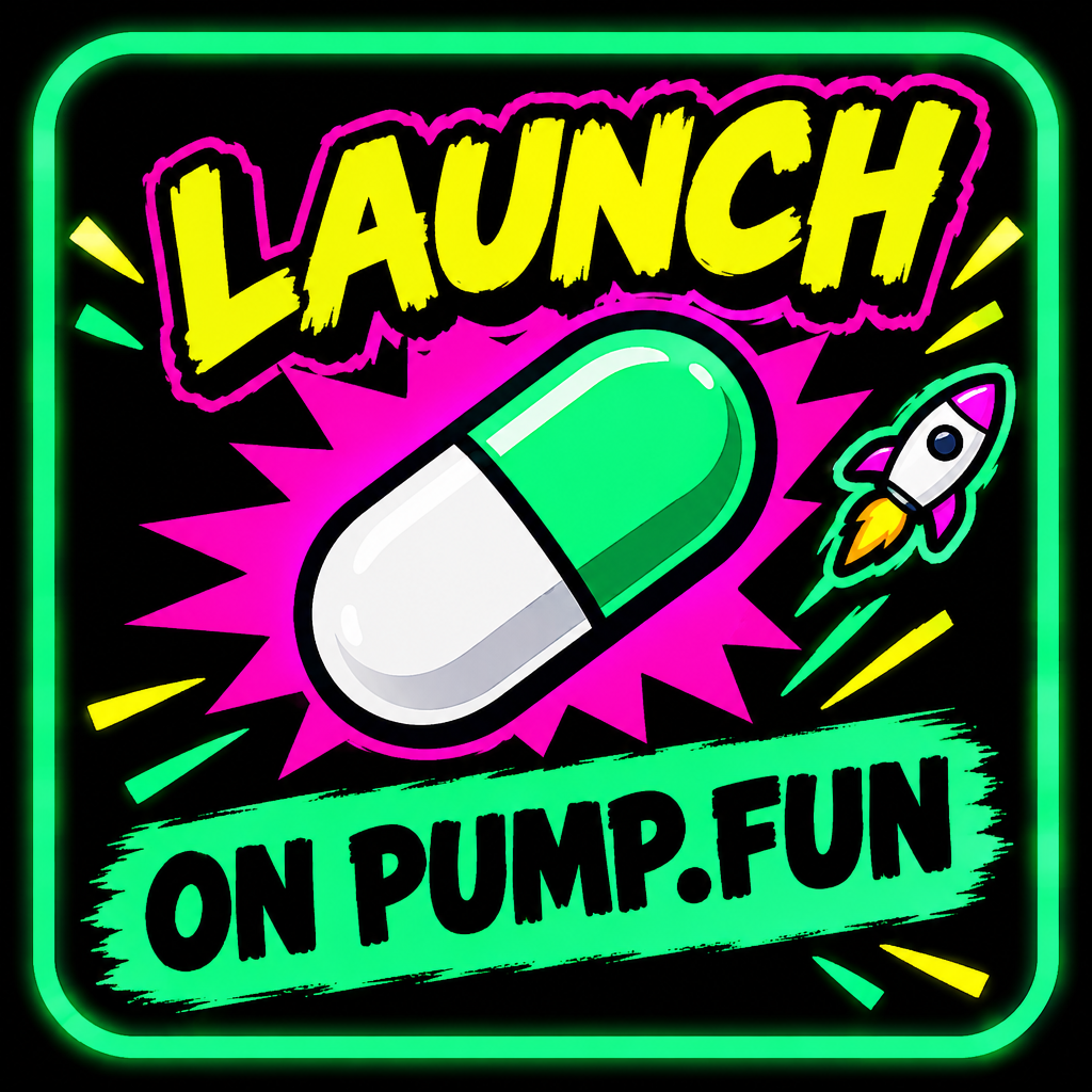 Small rectangular Pump.fun style button sticker with playful neon border and bold launch text