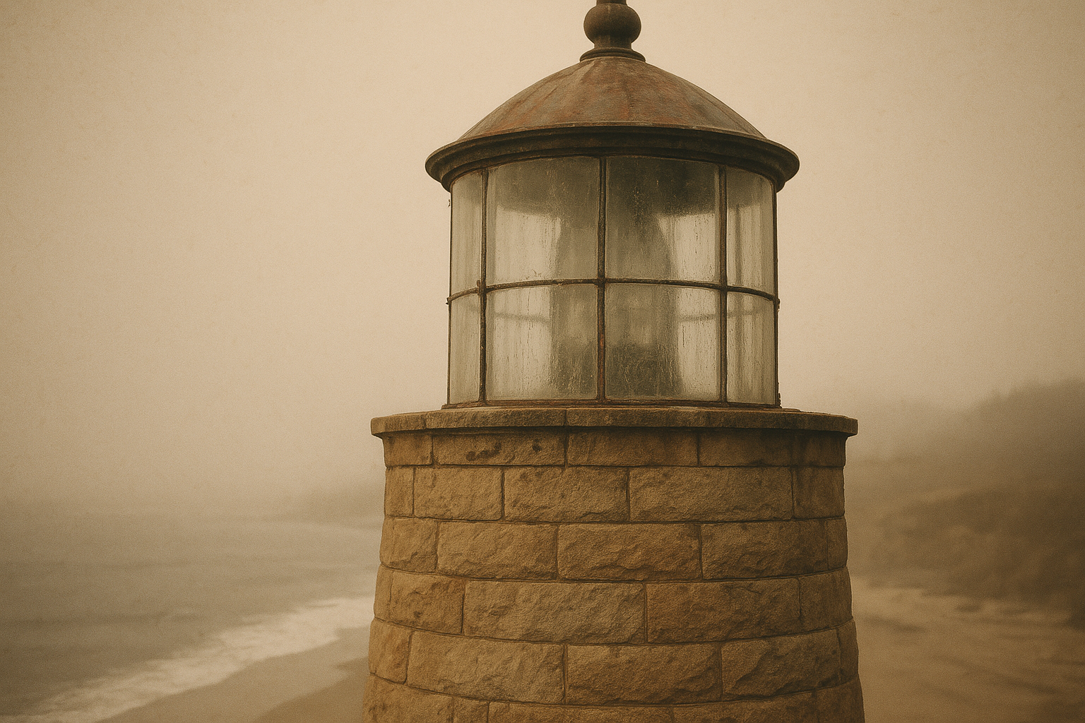 Close archival view of weathered lighthouse stone, salt-marked lantern glass, and shoreline mist