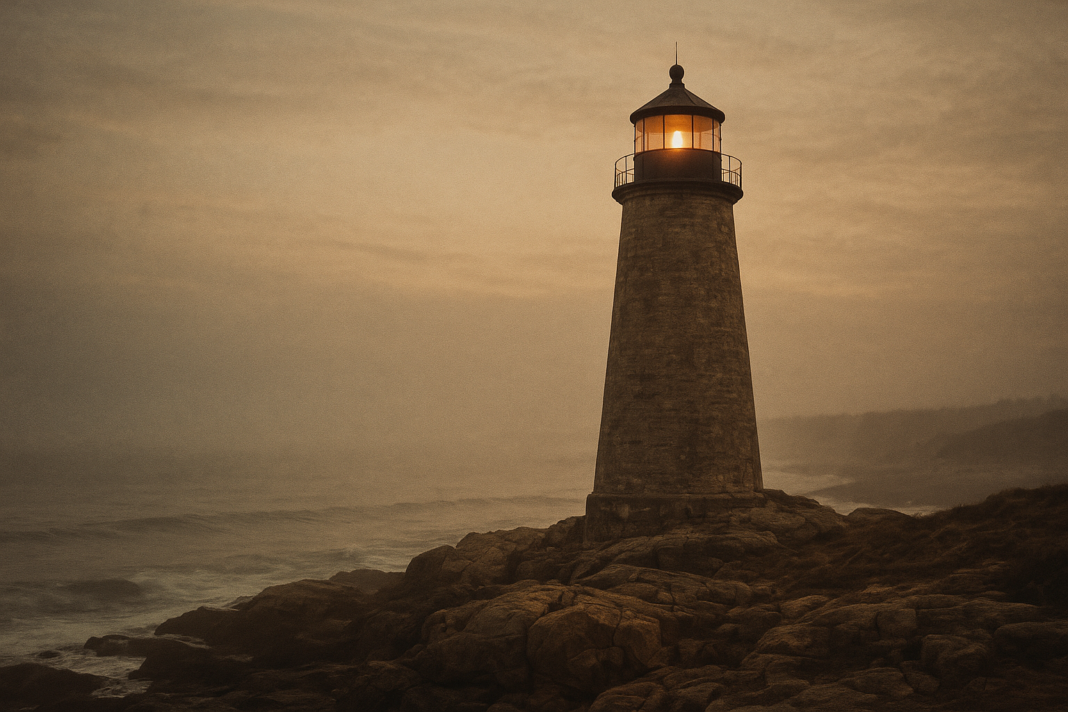 Tall stone lighthouse rising above a rocky shoreline at dusk, with soft sea haze and warm lantern glow in the upper window