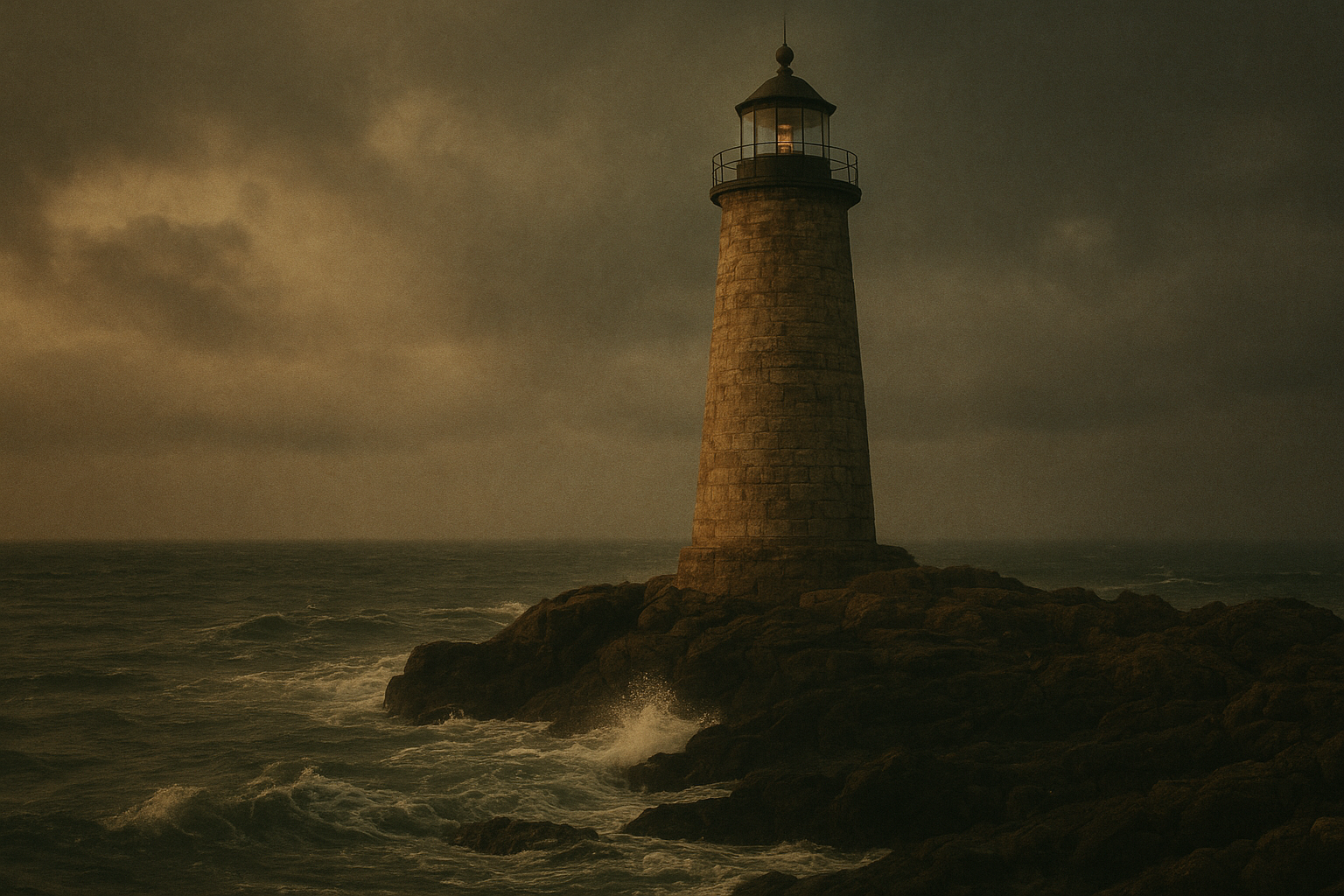 Warm filmic view of a northern-coast lighthouse on a rocky shoreline under moody evening clouds and sea mist