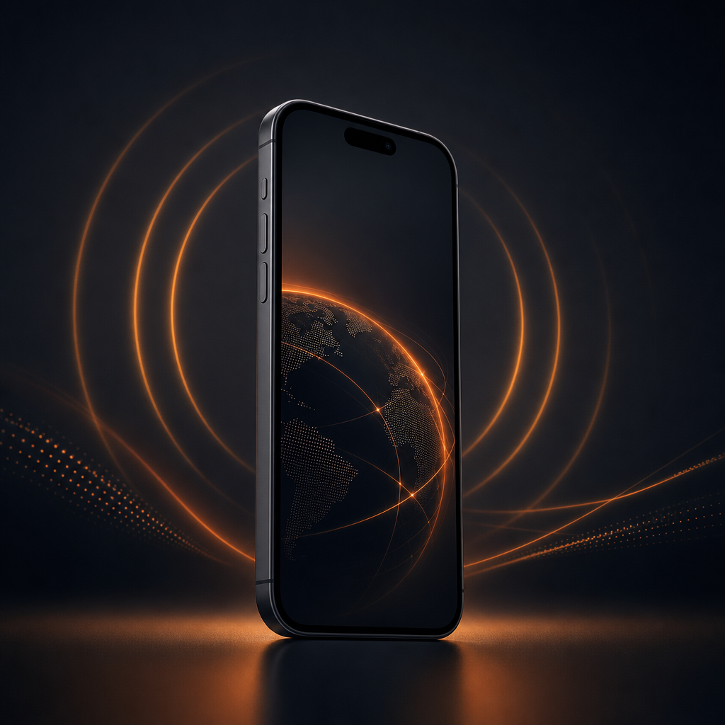 Minimal premium smartphone silhouette with smooth rounded edges and a soft signal glow