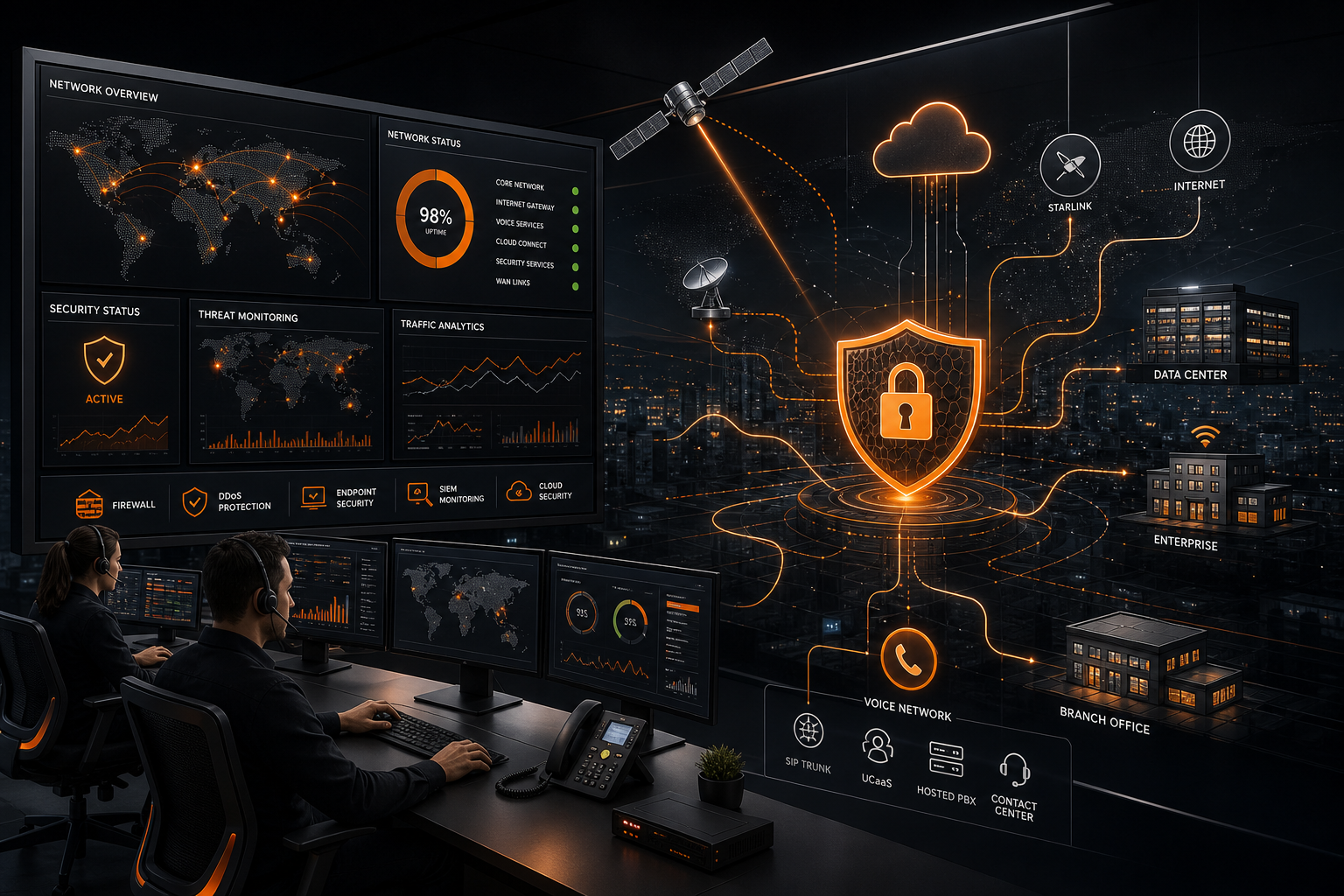 Technical enterprise connectivity illustration with network operations dashboards and managed signal architecture