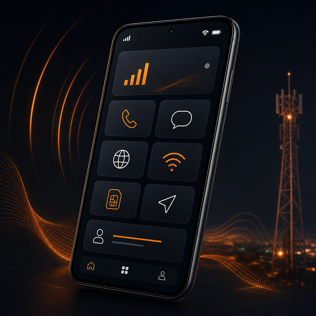 Slim practical smartphone illustration with clean interface blocks and subtle antenna motif