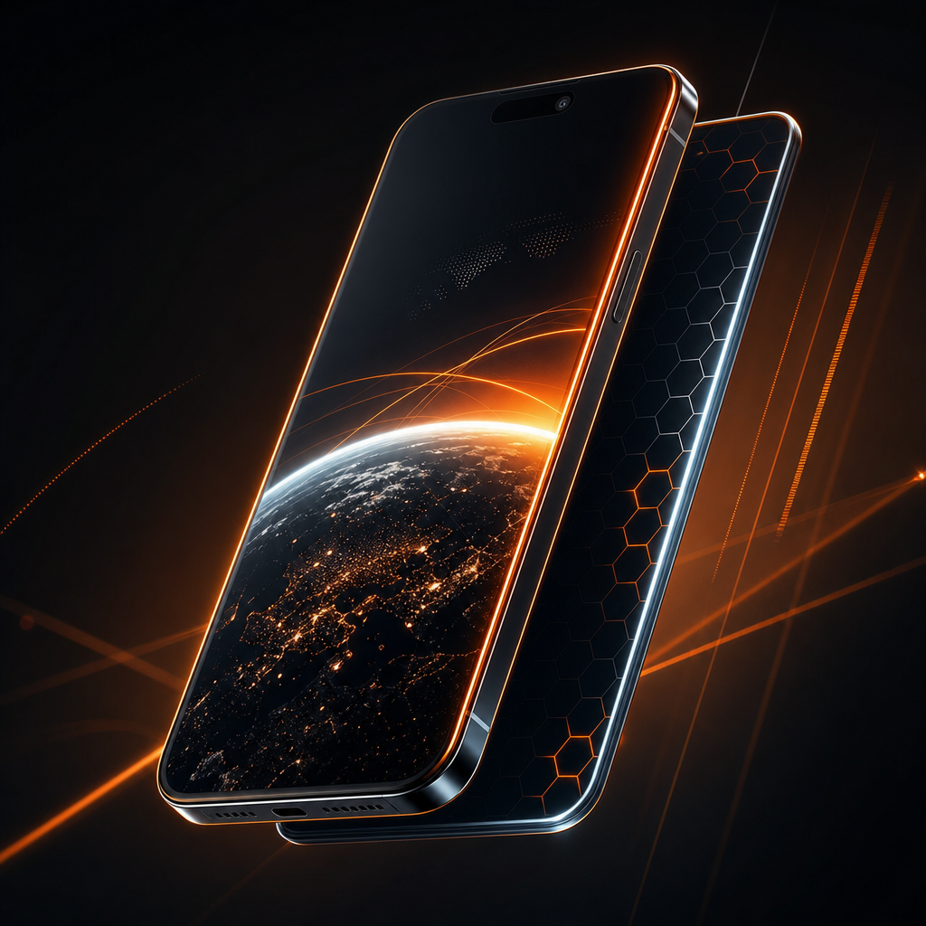 Angular modern smartphone concept with bright edge lighting and layered screens