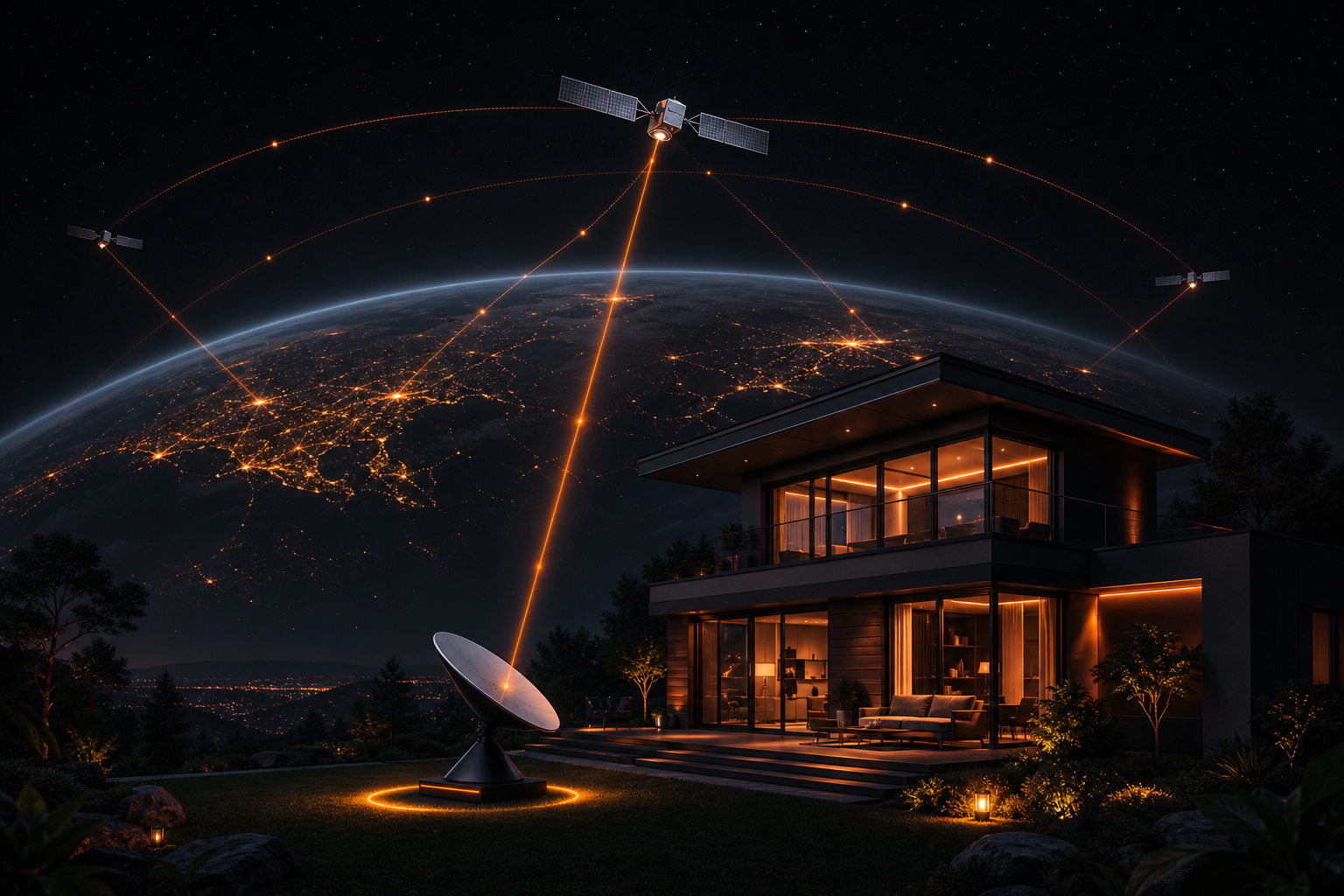 Premium satellite coverage illustration showing a residential home linked to an orbital network with clean signal paths