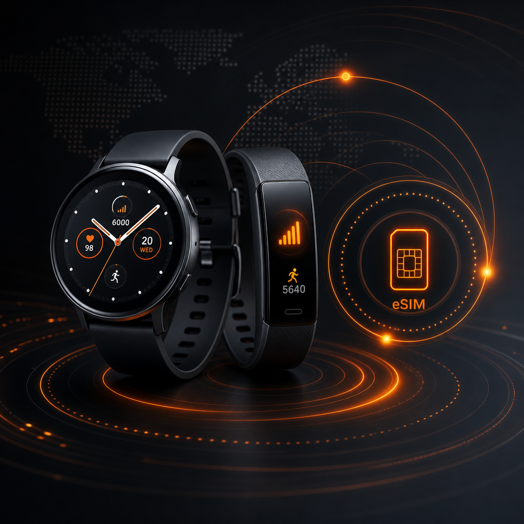 Set of eSIM-ready smartwatches and fitness wearables with luminous connectivity rings
