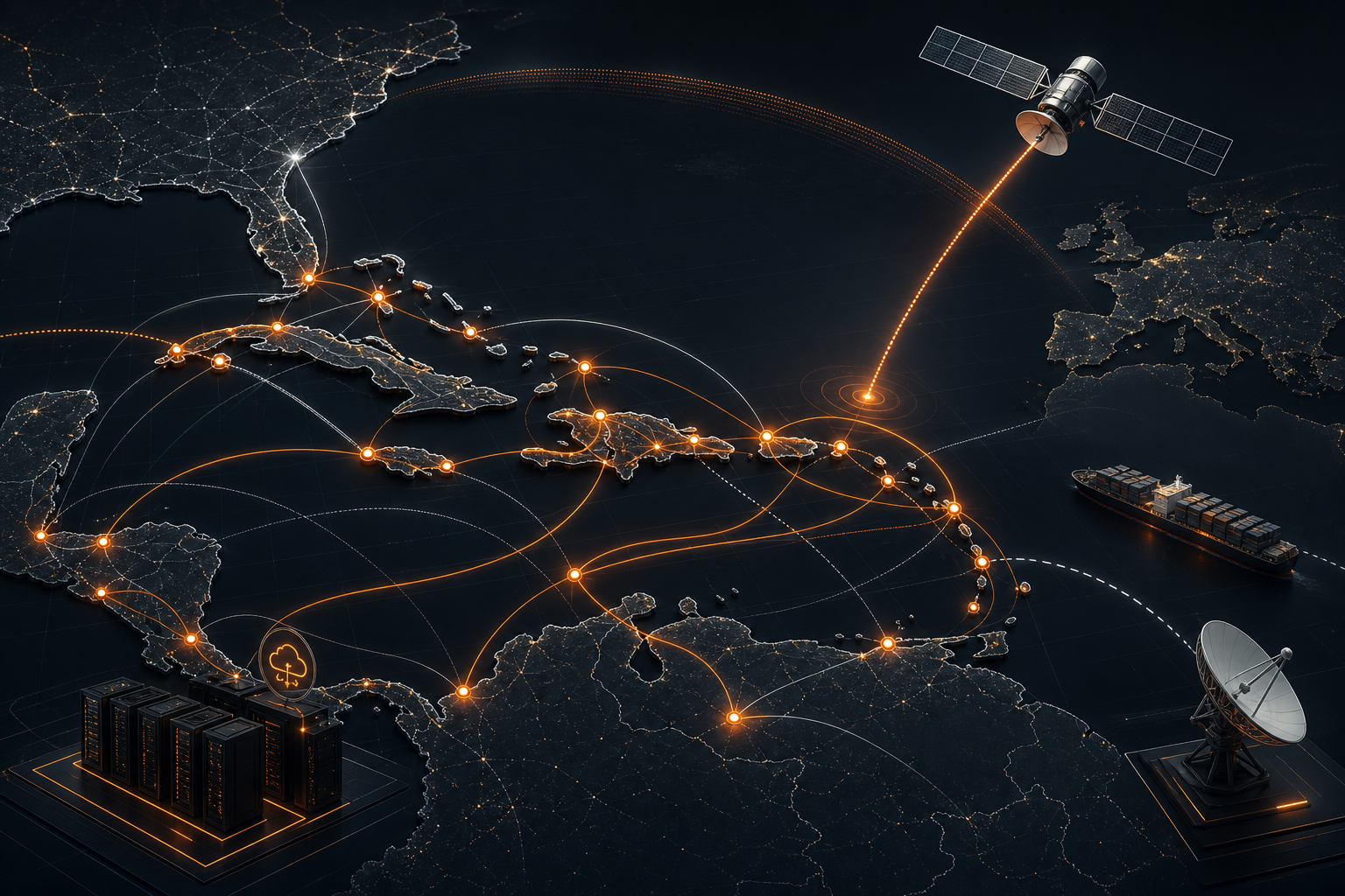 Technical illustration of Caribbean and international network backbone nodes, satellite uplink paths, and managed connectivity routes