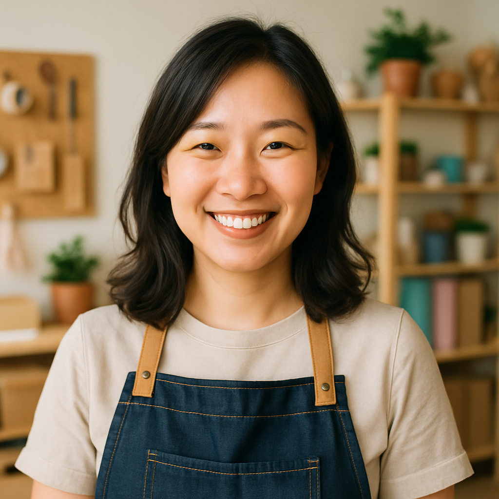 Portrait of Joanna, a small business owner, giving testimonial.