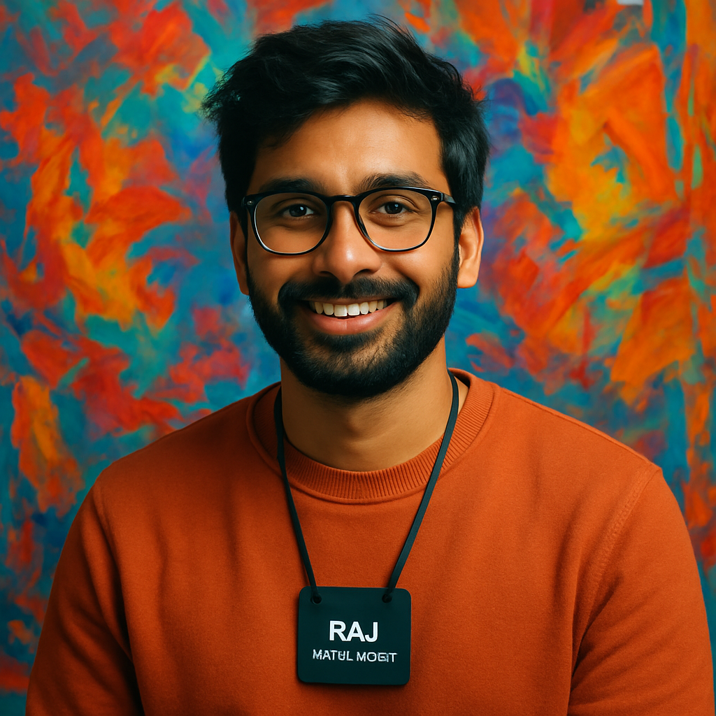 Portrait of Raj, a digital artist, giving testimonial.