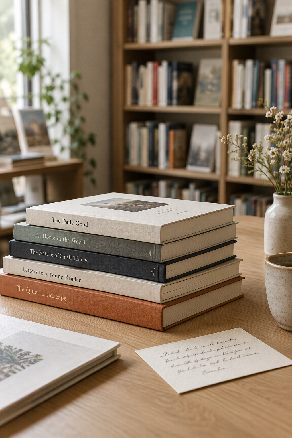 Editorial still life of stacked books and textured paper on a wooden reading table in soft natural window light