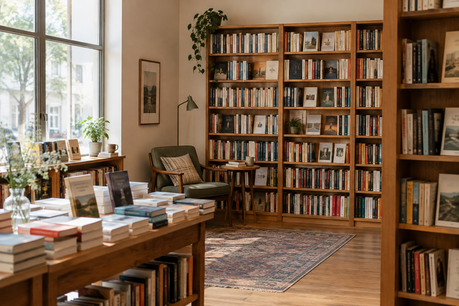 Quiet independent bookshop interior with wooden shelves and stacked books in soft natural daylight