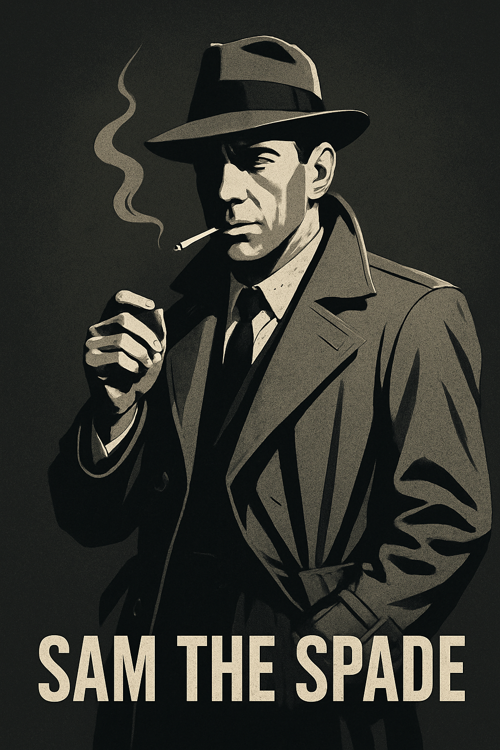 Stylized illustration of Sam The Spade, a hardboiled private eye in classic film noir attire, cigarette in hand, fedora, trenchcoat, and a Bogart-like stan
ce