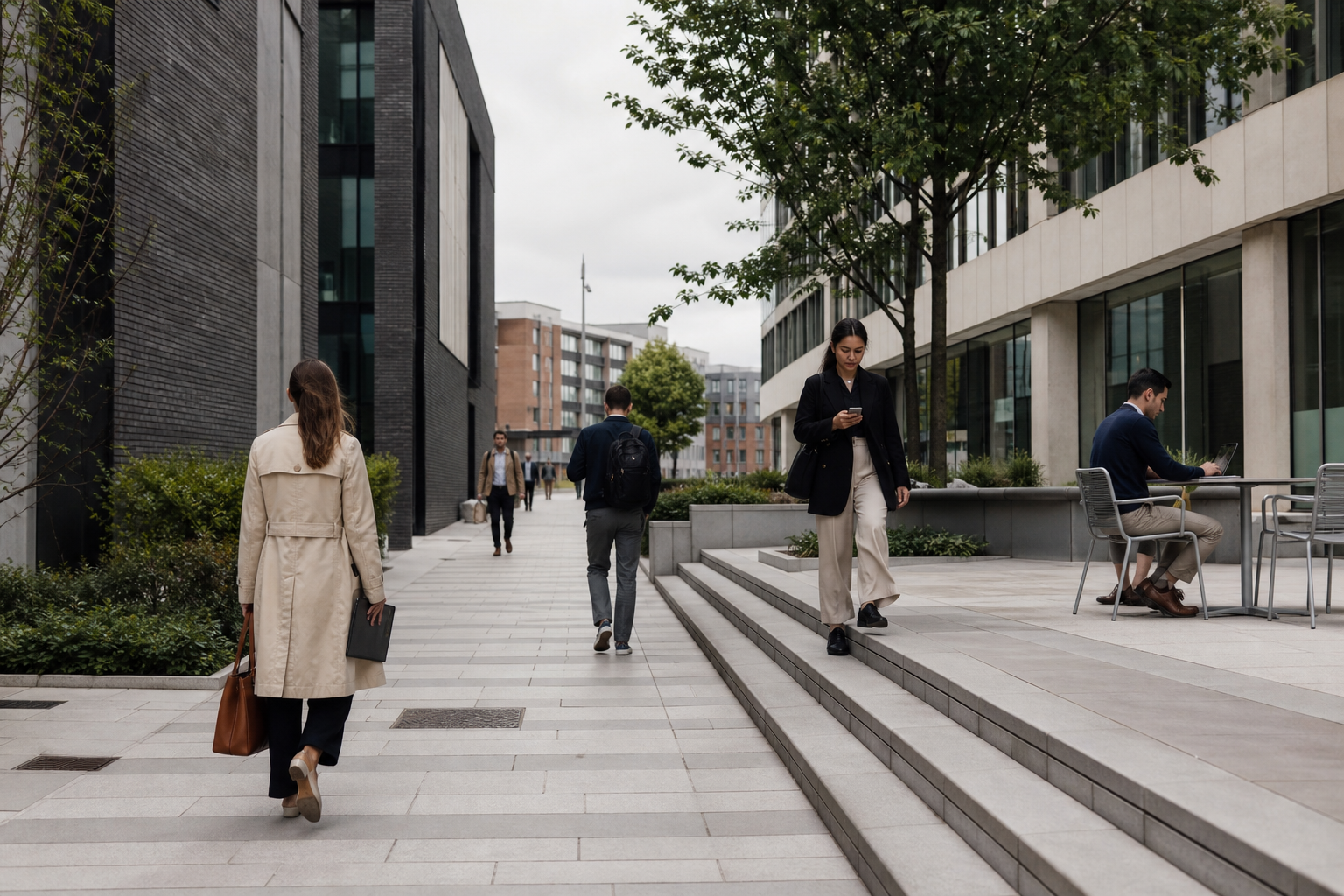 Calm contemporary British urban professional environment with people walking near modern offices in soft natural light