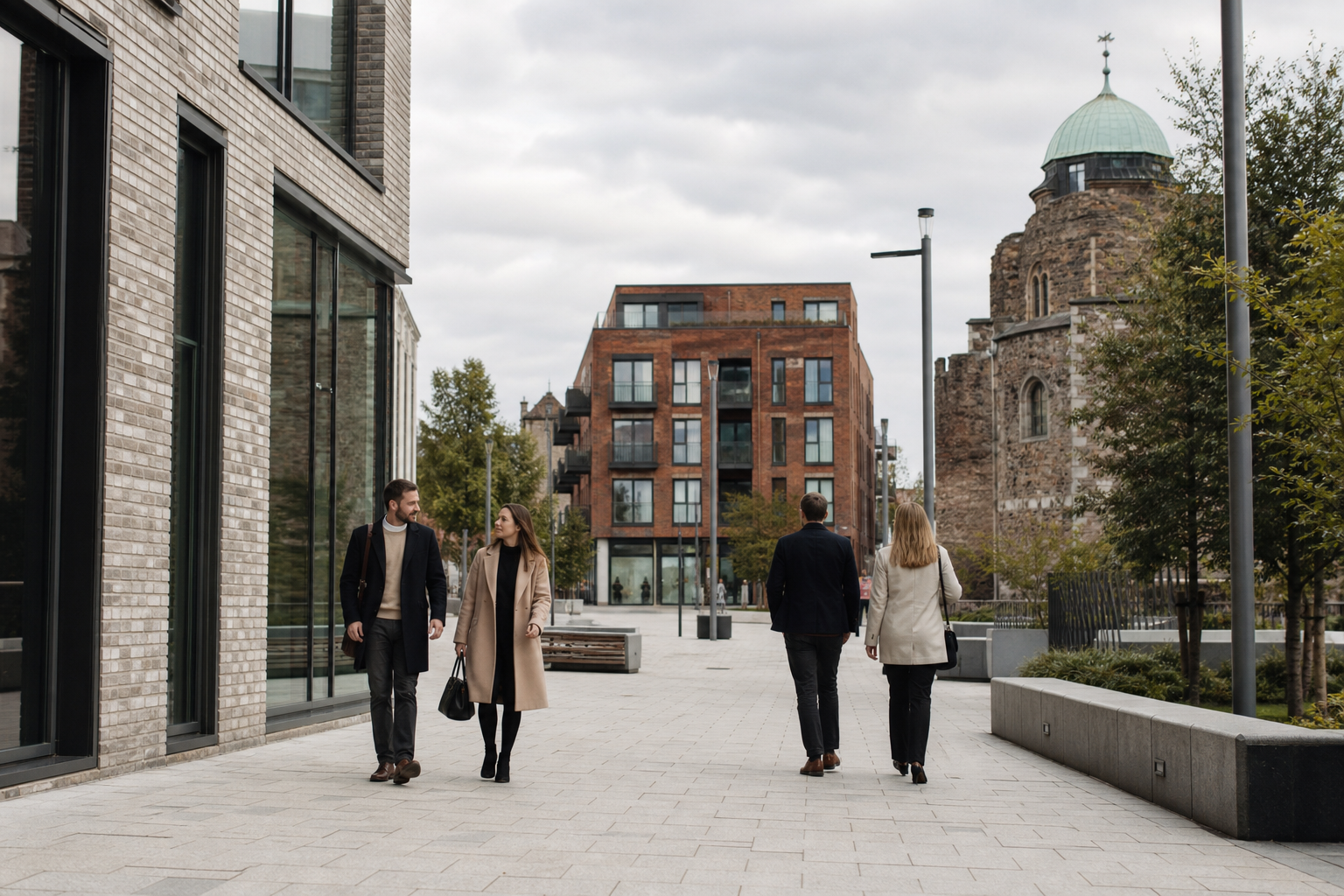Wide editorial photograph of a calm professional street scene in Colchester, with modern brick and glass architecture and people walking in everyday business attire