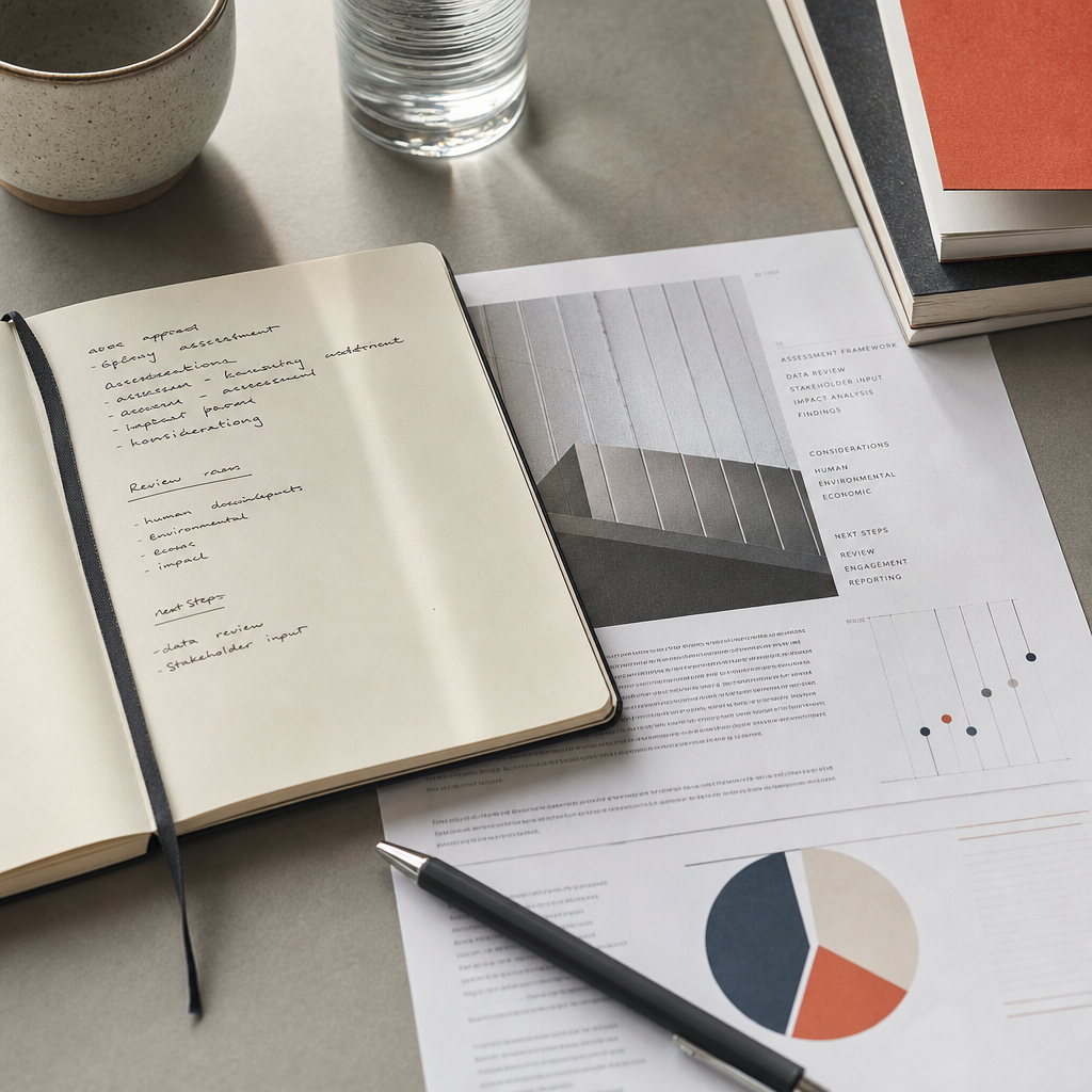 Cropped overhead detail of a professional workspace with open notebook pages, printed documents, pen marks, and a muted-toned desk surface